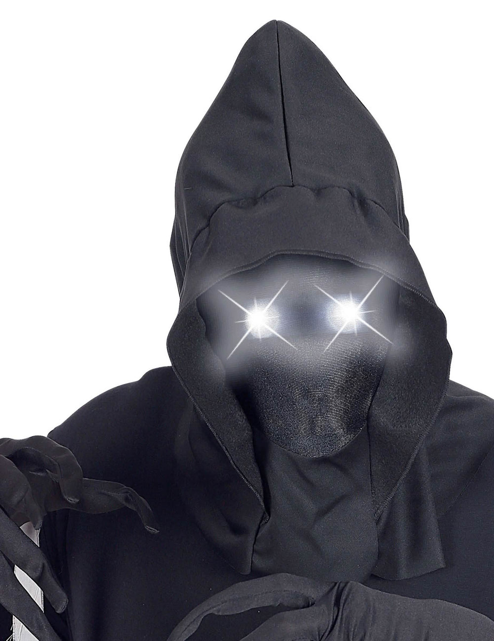 Detalle de los ojos luminosos de la máscara integral con capucha, rostro invisible y ojos luminosos