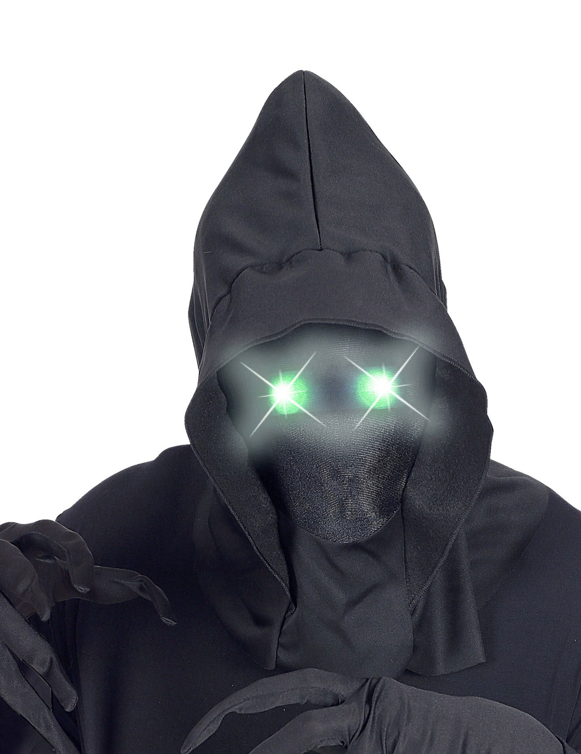 Gros plan sur les yeux lumineux verts du masque intégral à capuche visage invisible pour adulte
