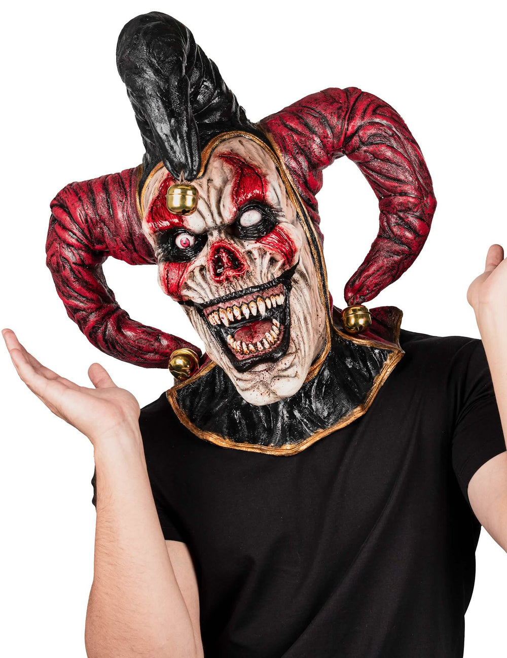 Masque intégral joker démoniaque pour adulte noir et rouge avec grelots dorés
