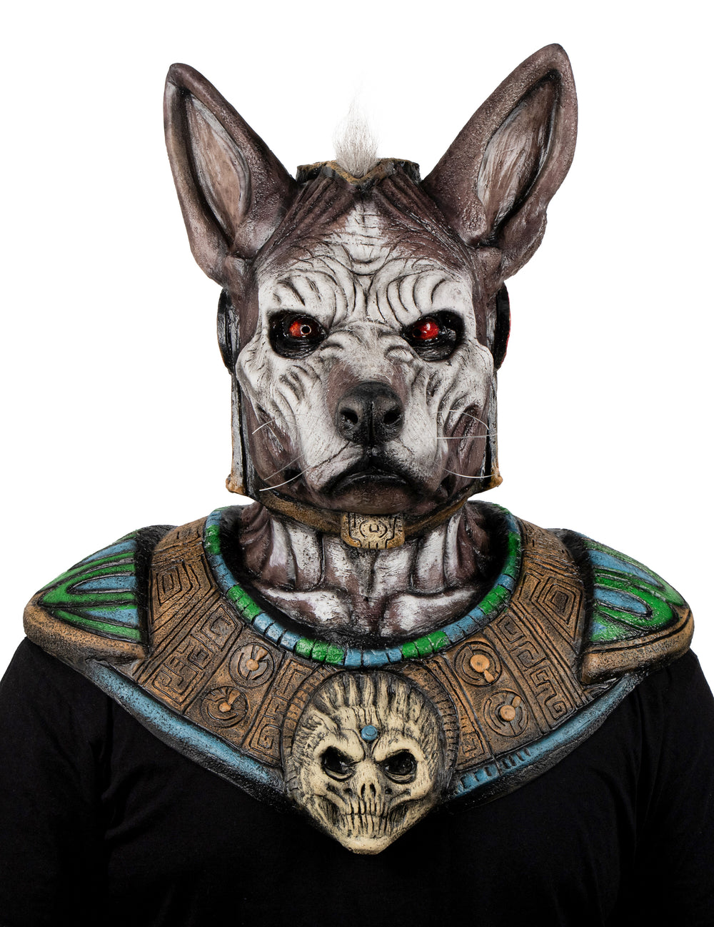 Vue de face avec plastron du masque intégral monstre à tête de chien pour adulte