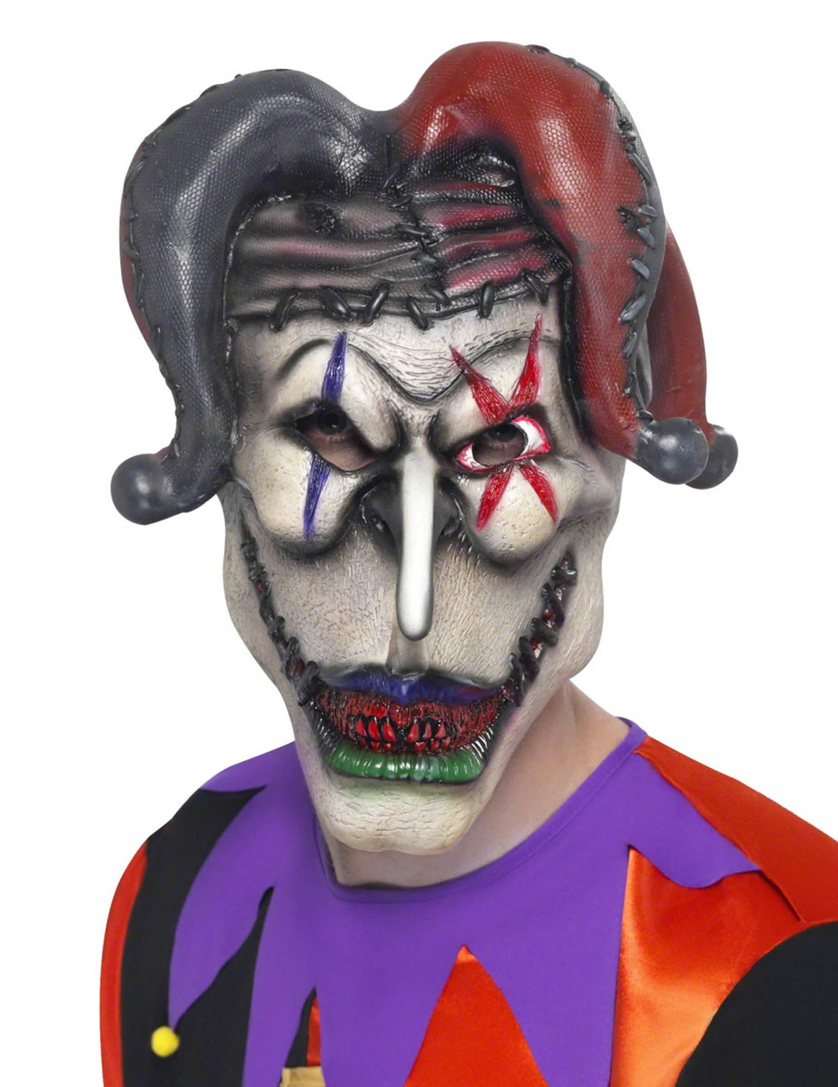 Máscara joker halloween para adulto rojo y negro con gorro de bufón