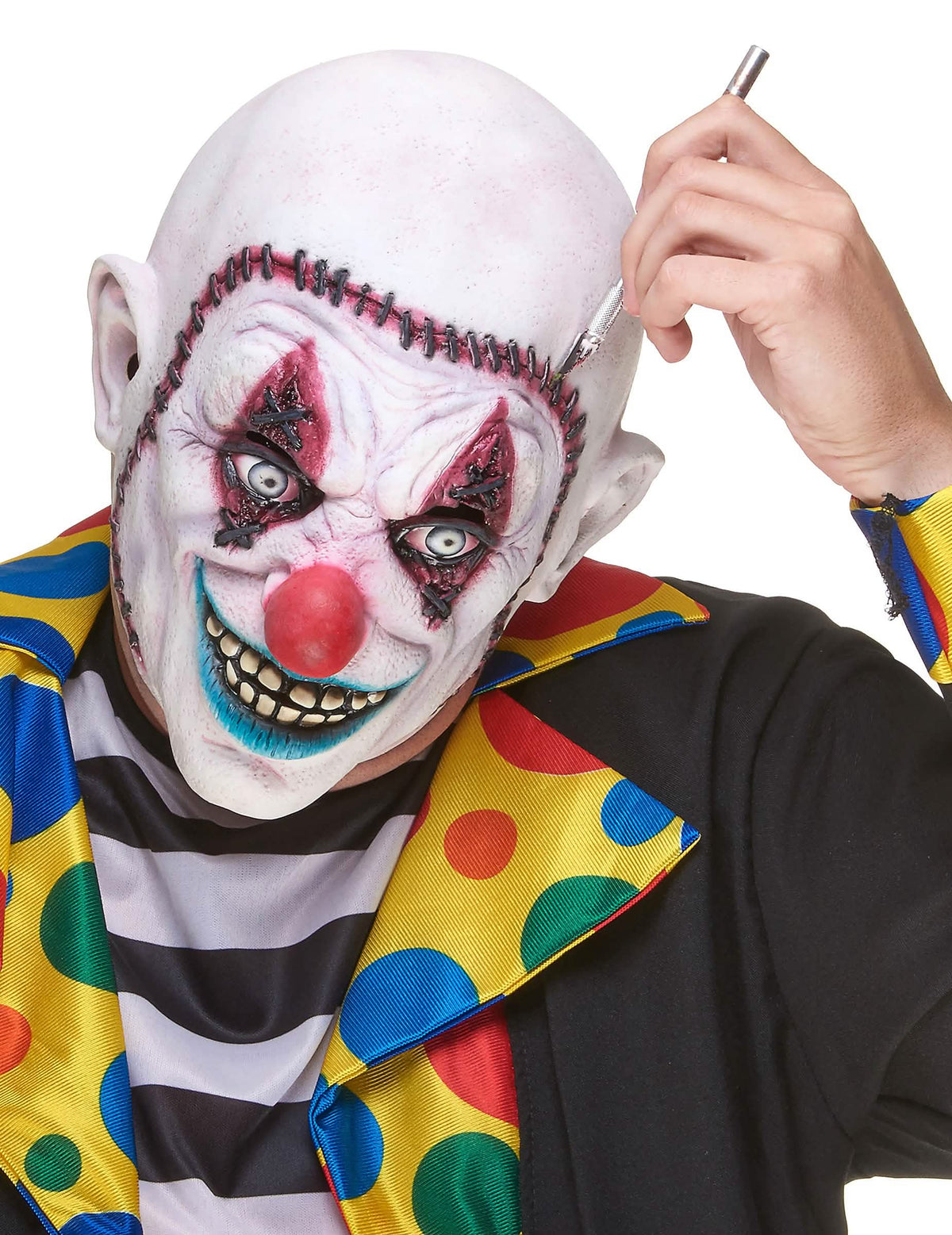 Máscara de látex de payaso cráneo cosido para adulto blanco con nariz roja y costuras negras