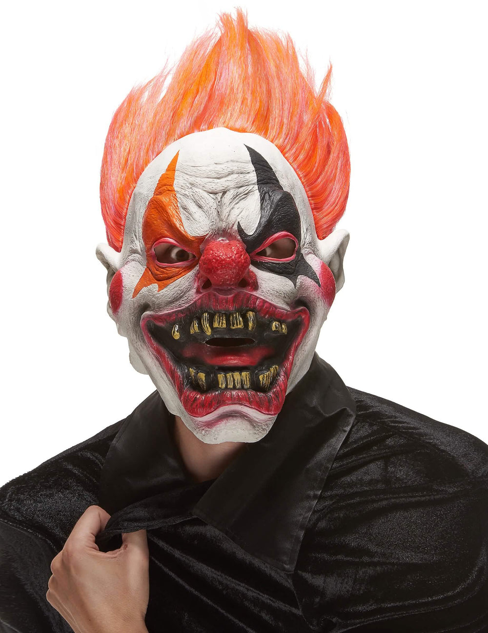 Máscara de látex de payaso del infierno para adulto blanco con cabello naranja y dientes amarillentos