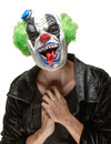 Masque latex clown terrible pour adulte blanc avec cheveux verts et langue pendante