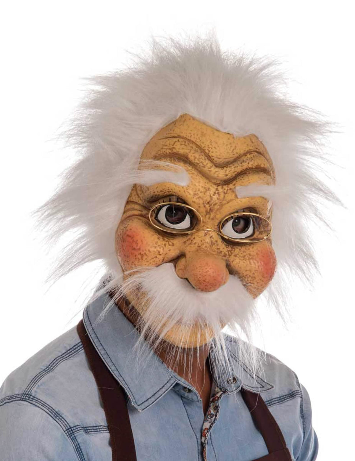 Máscara de látex Geppetto para adulto beige con cabello y bigote blancos y gafas