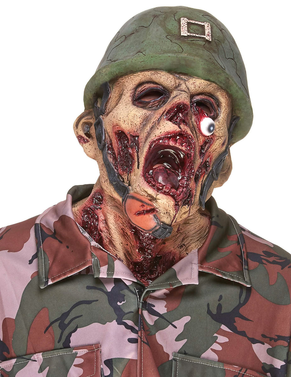 Máscara de látex de soldado zombie para adulto con casco y detalles ensangrentados