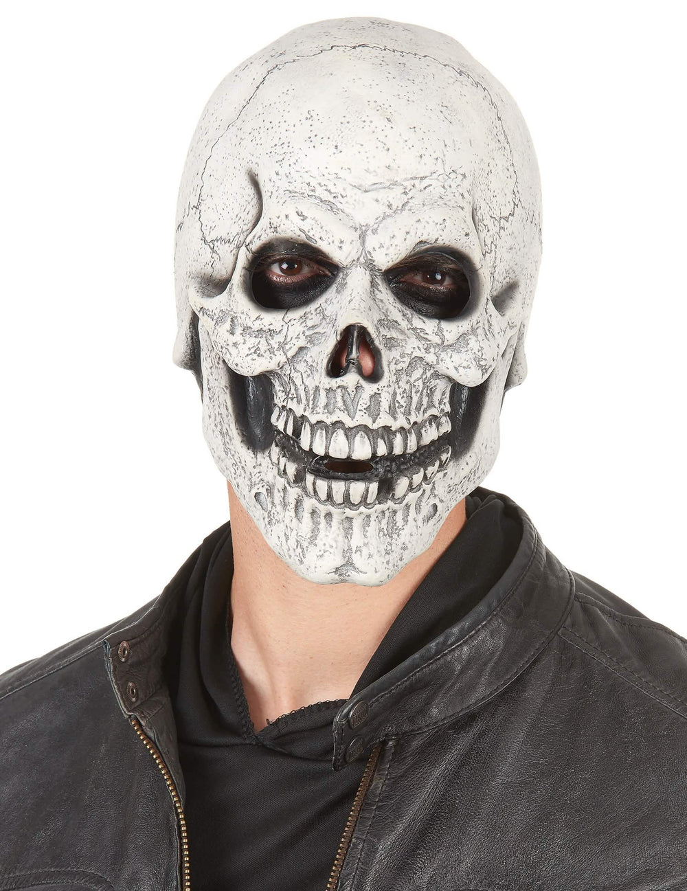Masque en latex squelette moqueur pour adulte blanc vieilli et noir