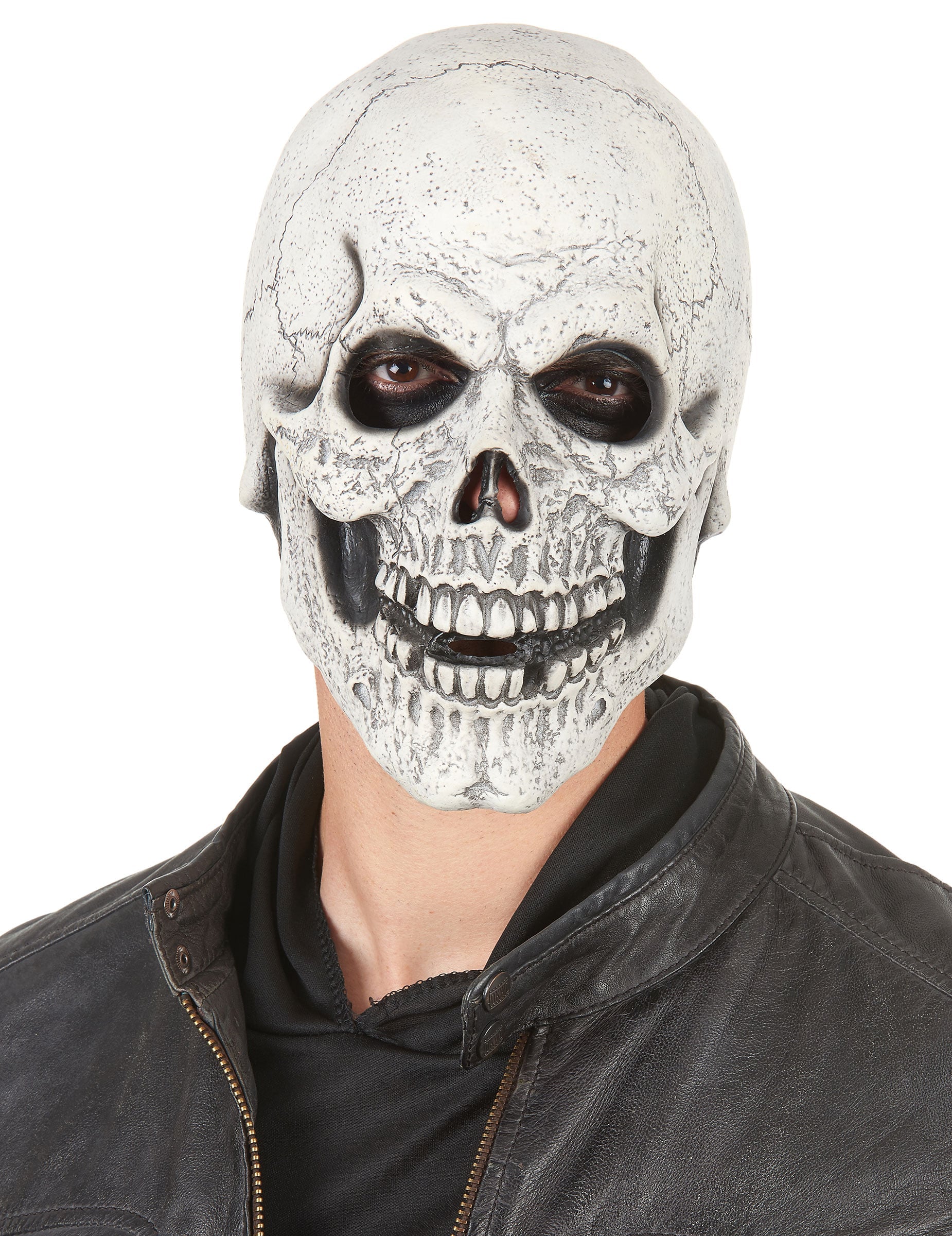 Masque en latex squelette moqueur pour adulte blanc vieilli et noir