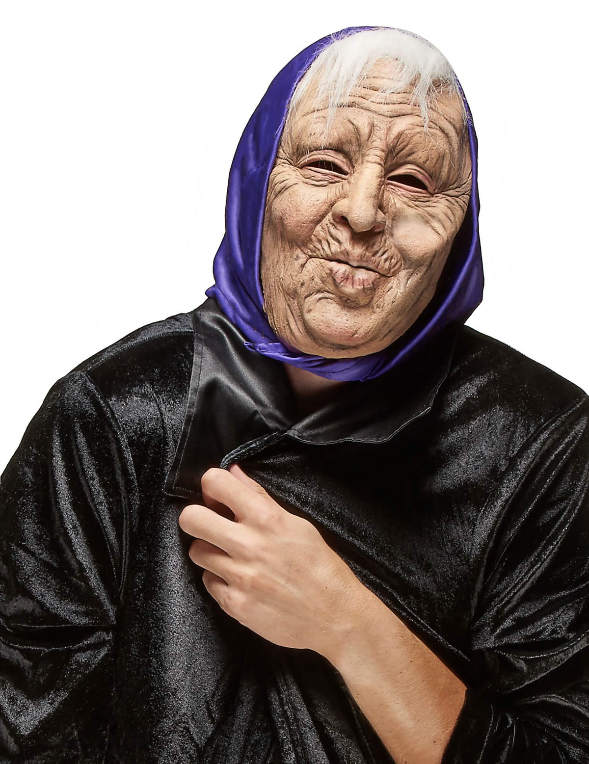 Máscara de látex de anciana para adulto con pañuelo violeta