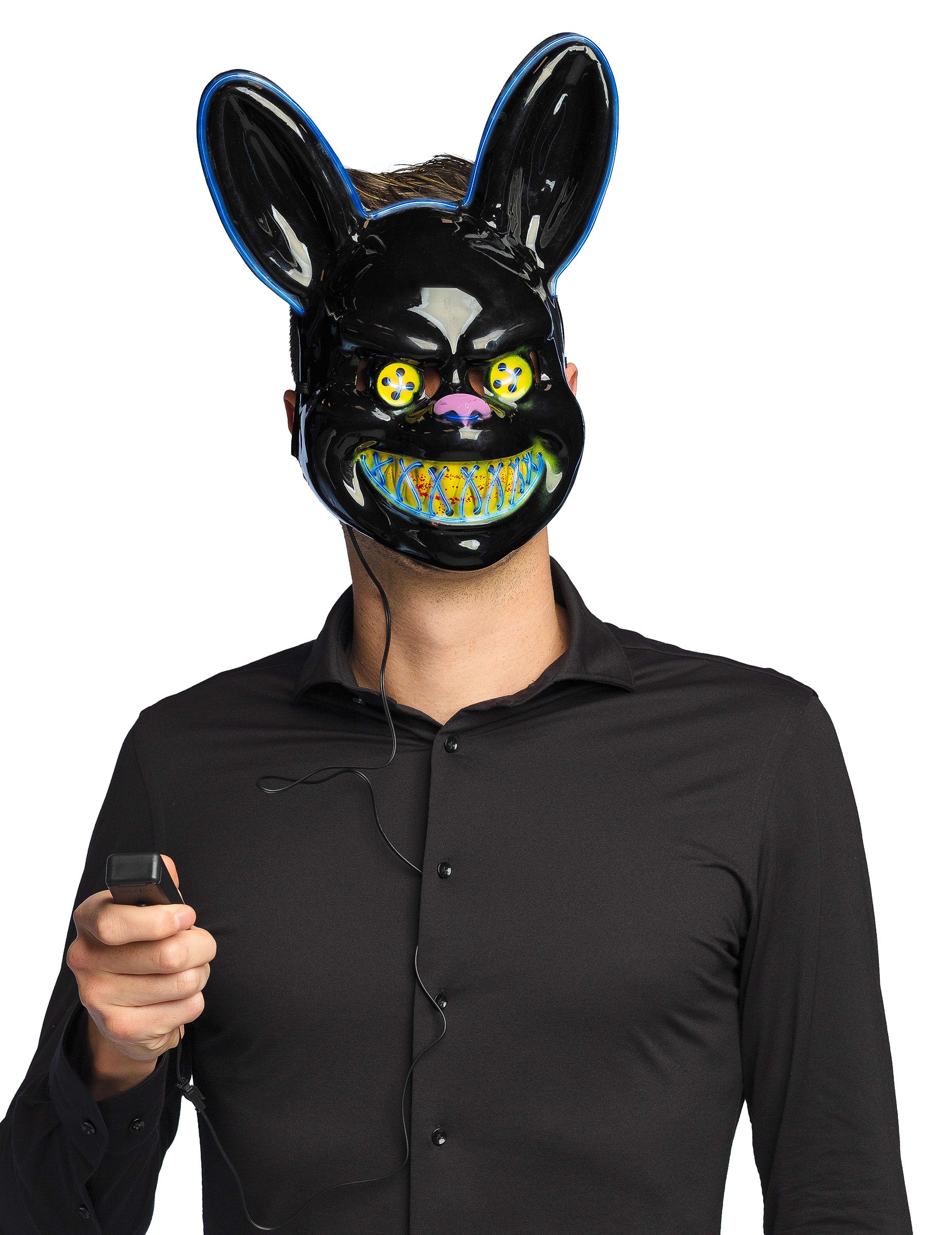 Détail du boîtier de commande du masque LED lapin tueur pour adulte