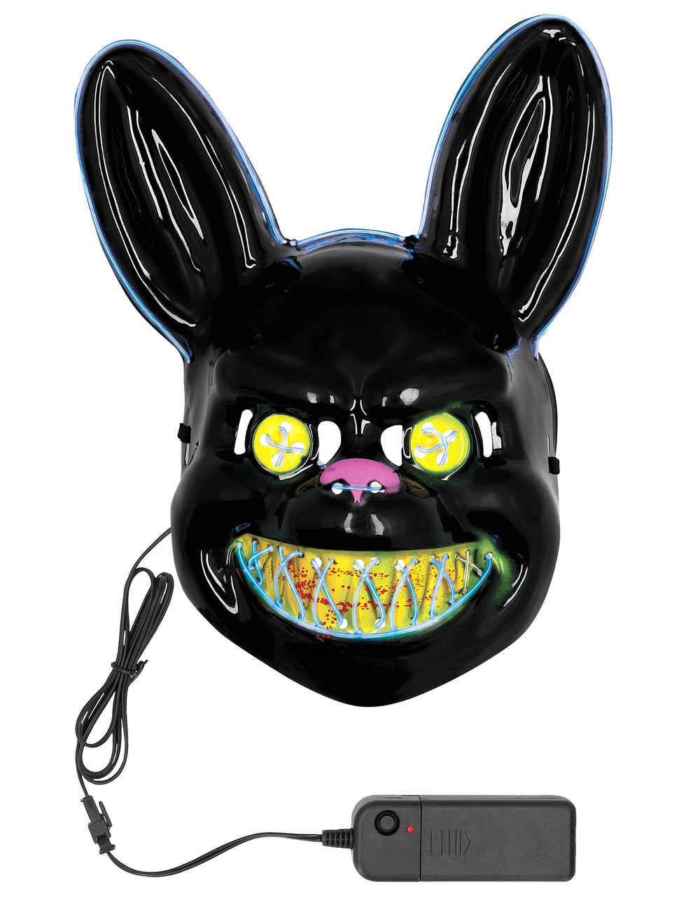 Masque LED lapin tueur pour adulte noir avec détails lumineux bleus et jaunes