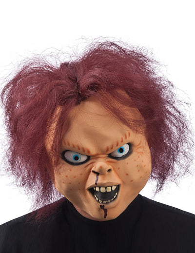 Masque de poupée terrifiante Halloween pour adulte roux et ensanglanté
