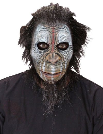 Masque singe guerrier pour adulte poilu avec peintures de guerre blanches et rouges