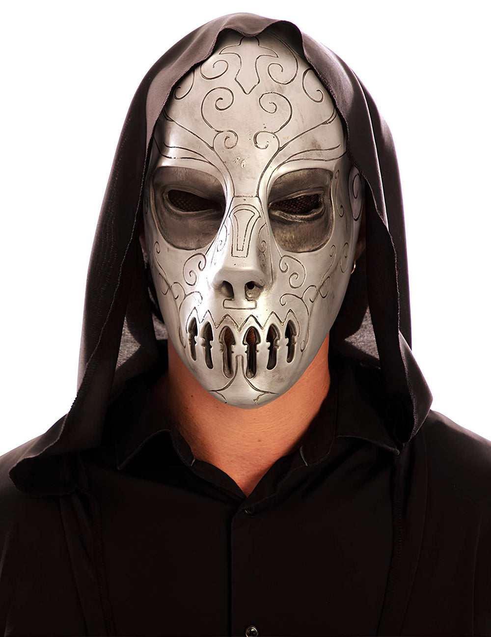 Masque de sorcier sombre pour adulte en latex argenté avec capuche noire