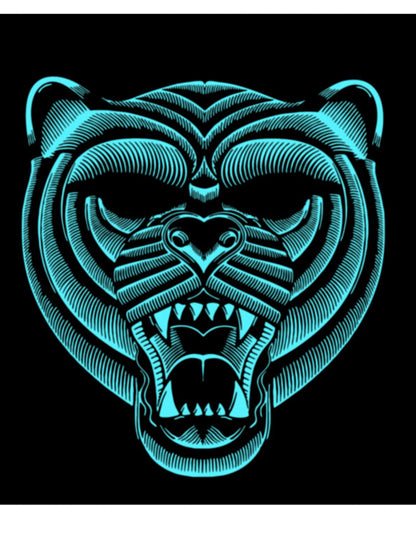 Détail de l'effet lumineux bleu du masque tigre à LED réactives adulte