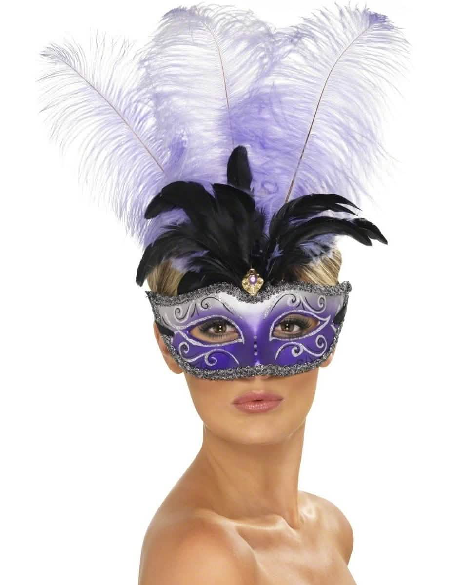 lobo veneciano para adulto violeta con grandes plumas negras y violetas