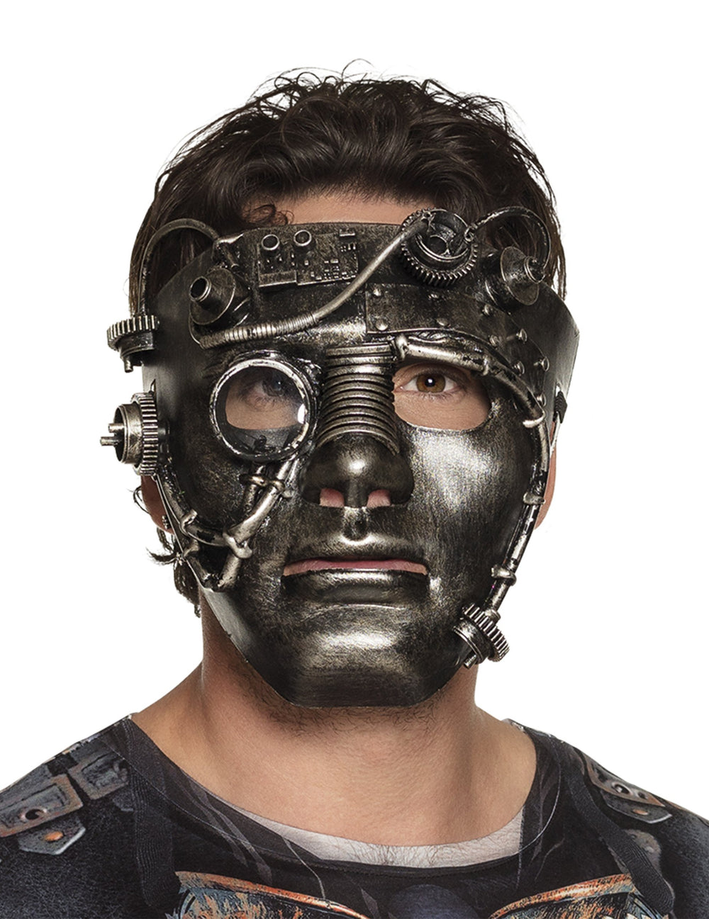 Masque visage Steampunk pour adulte chromé avec détails mécaniques