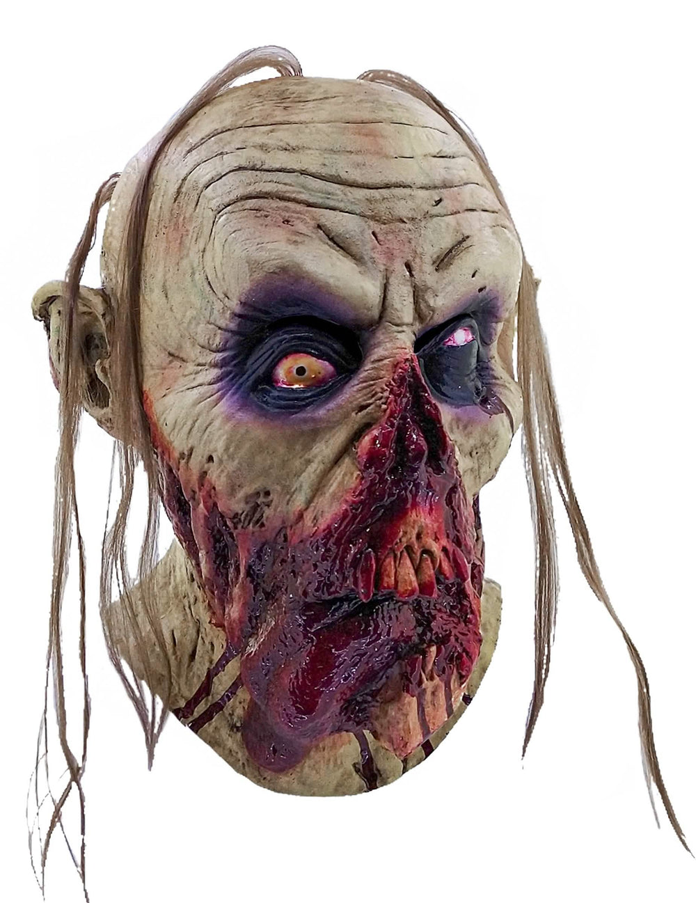 Máscara zombie sangrienta para adulto beige y rojo con pelo largo