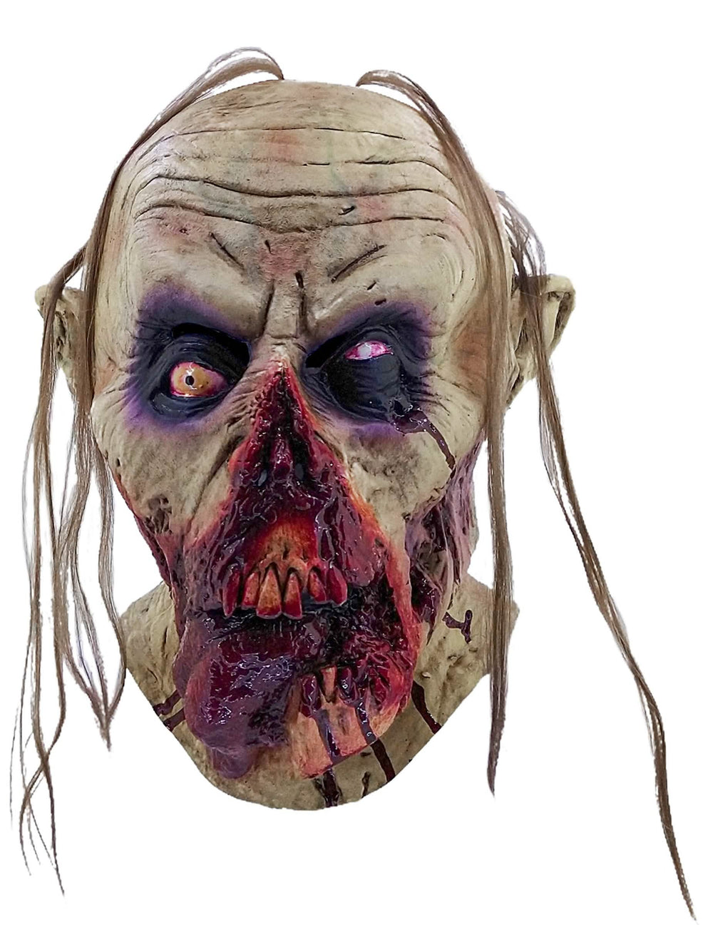 Primer plano del rostro descompuesto de la máscara de zombie sangrienta