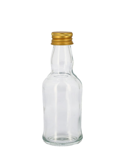 Mignonnette en verre transparent avec bouchon en métal doré