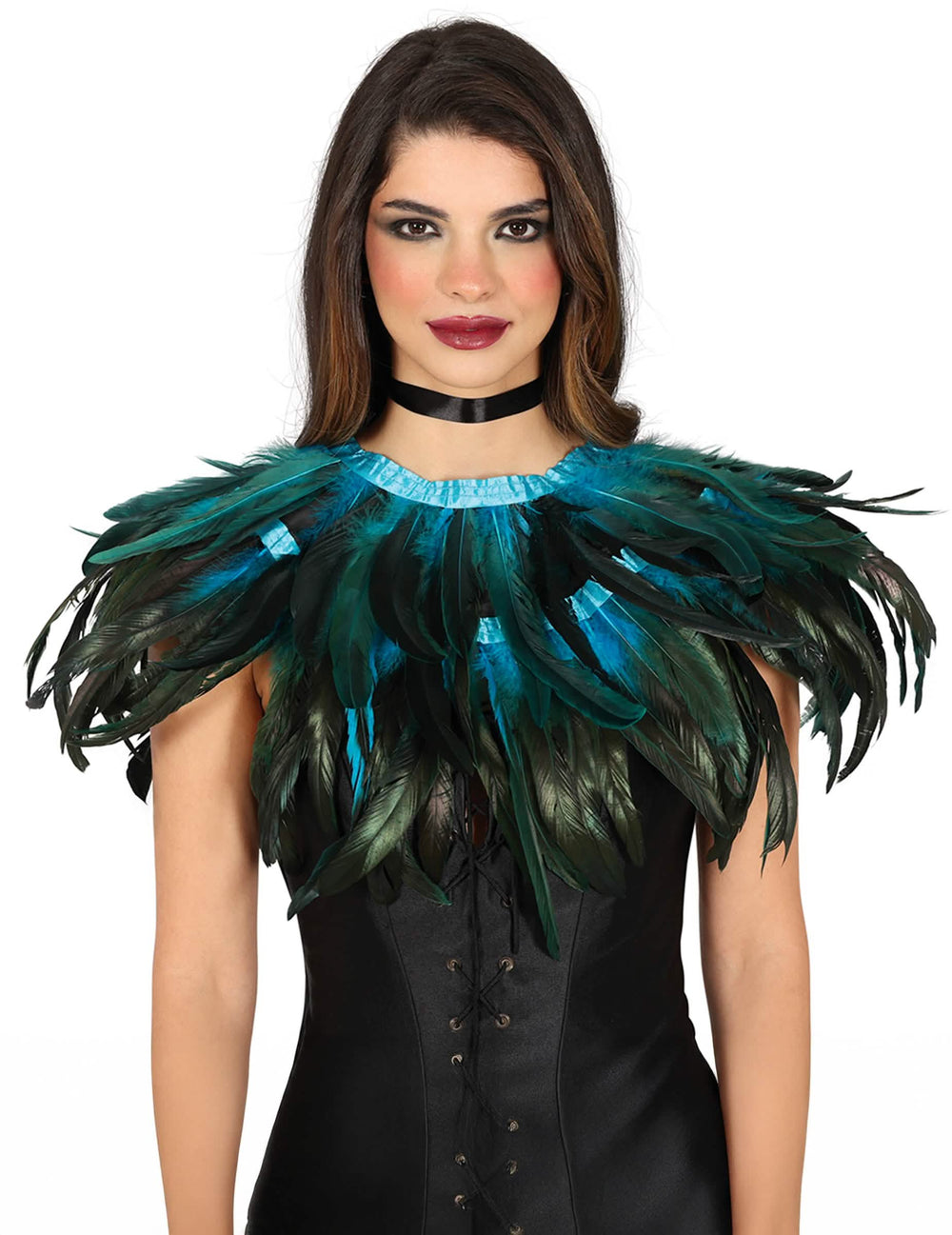 Détail de la mini cape en plumes pour adulte noire et bleue