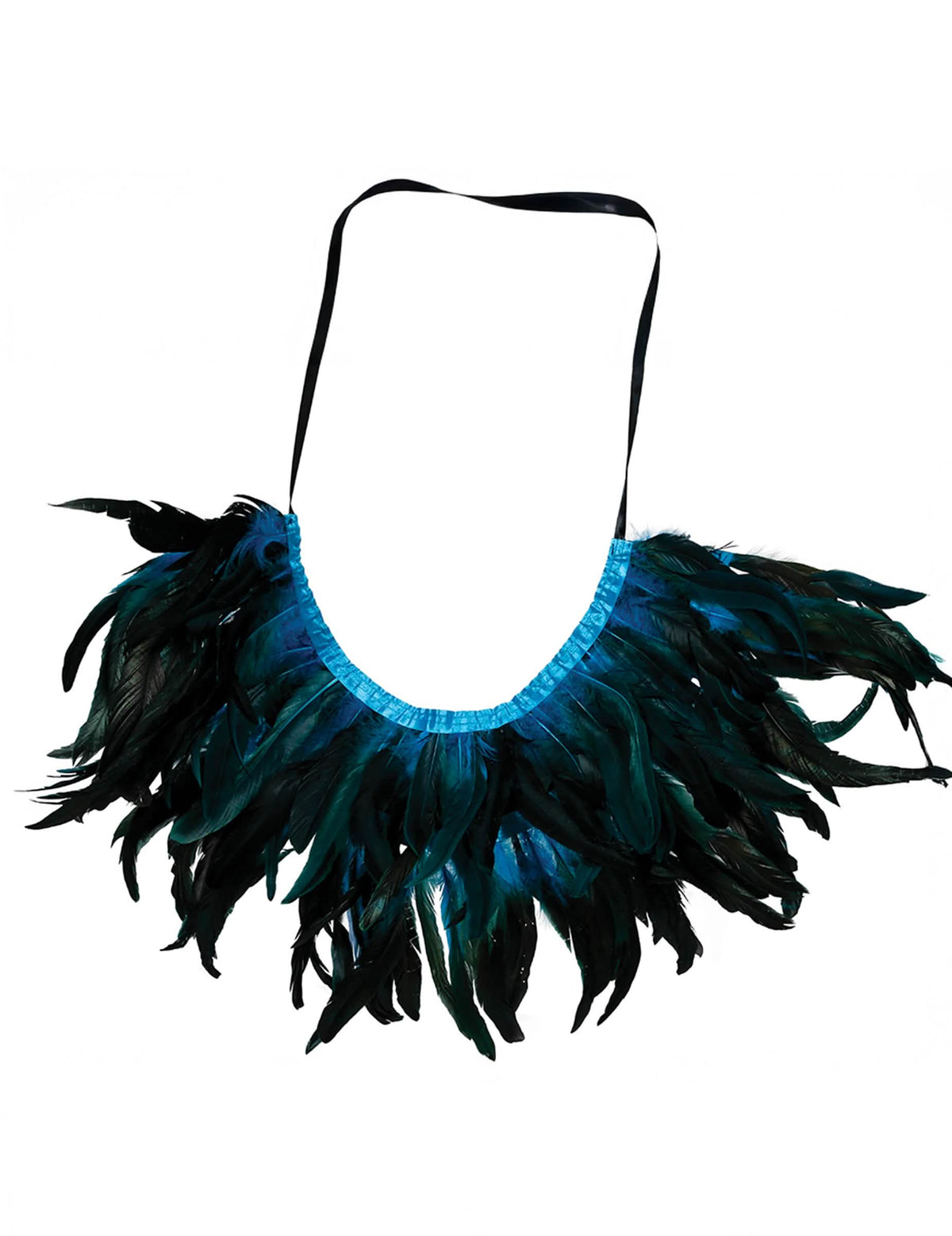Vue de dos de la mini cape en plumes pour adulte noire et bleue