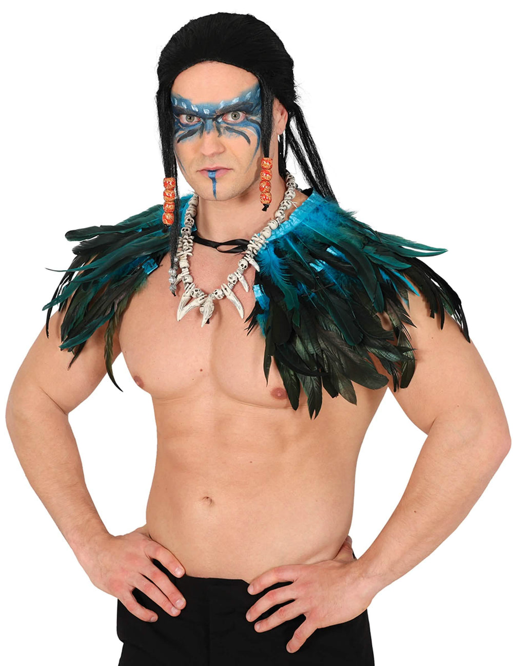 Vue de face de la mini cape en plumes pour adulte noire et bleue