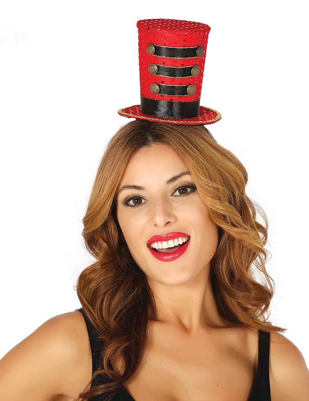 Mini sombrero de copa animadora rojo para mujer con galones negros y botones dorados
