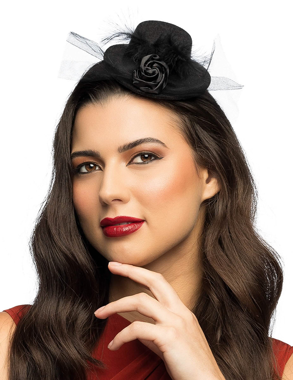 Mini sombrero para mujer negro con rosa y velo