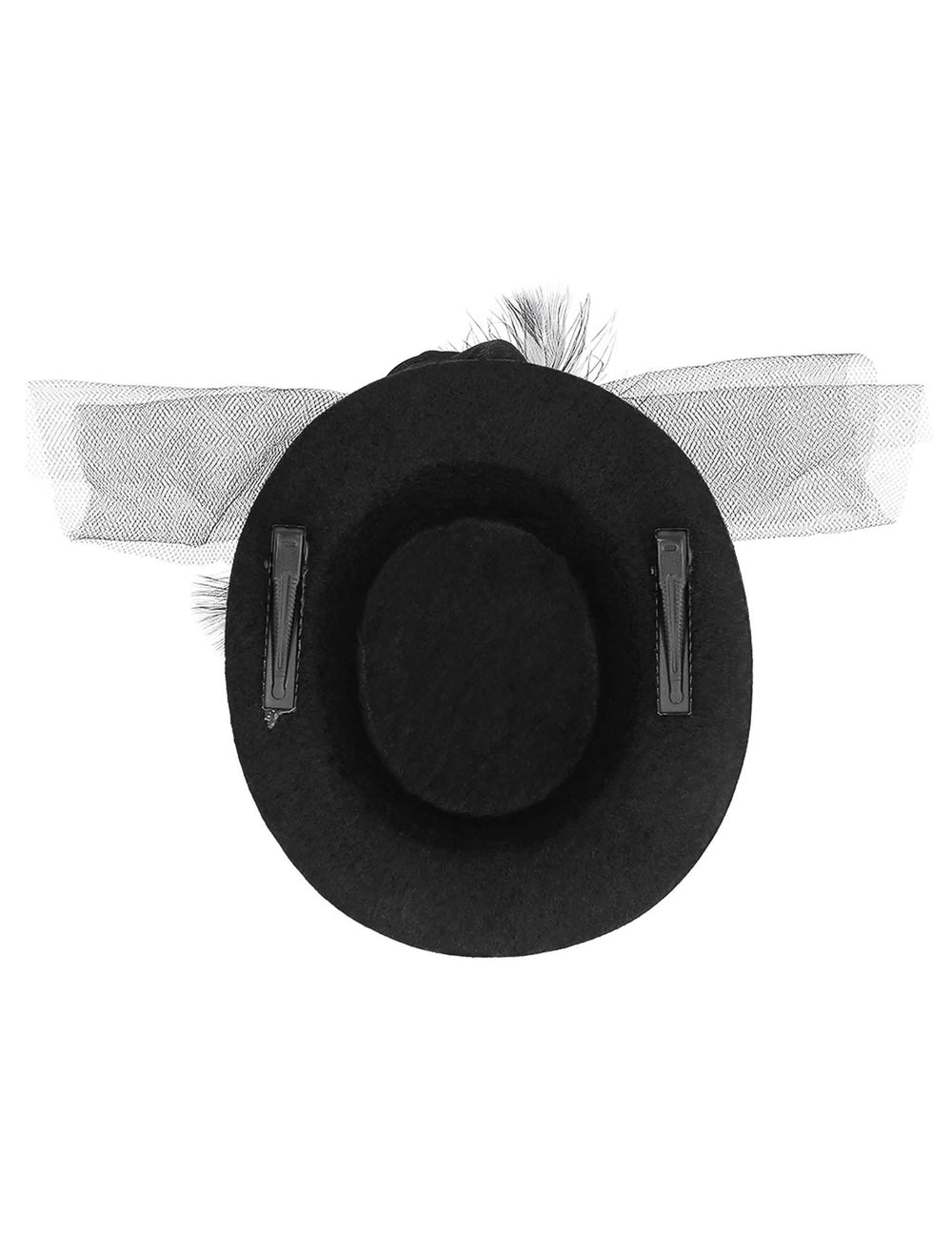 Detalle del sistema de sujeción por pinzas del mini sombrero para mujer negro