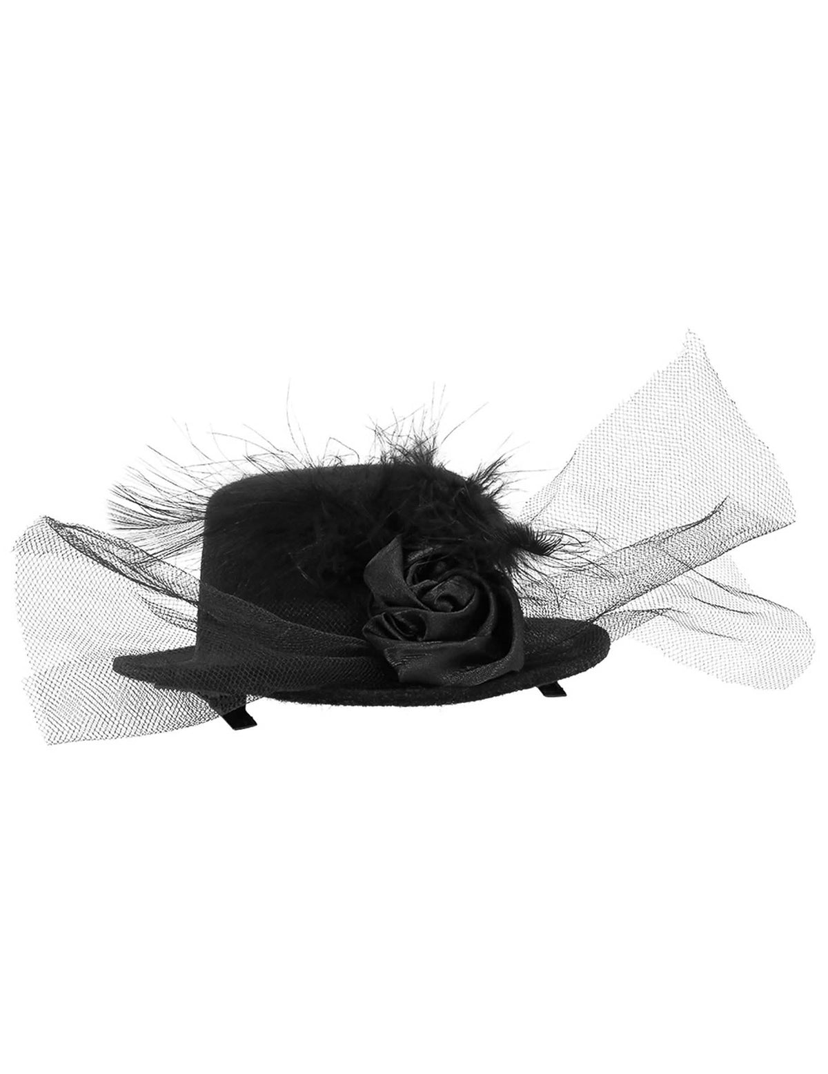 Vista de perfil del mini sombrero para mujer negro