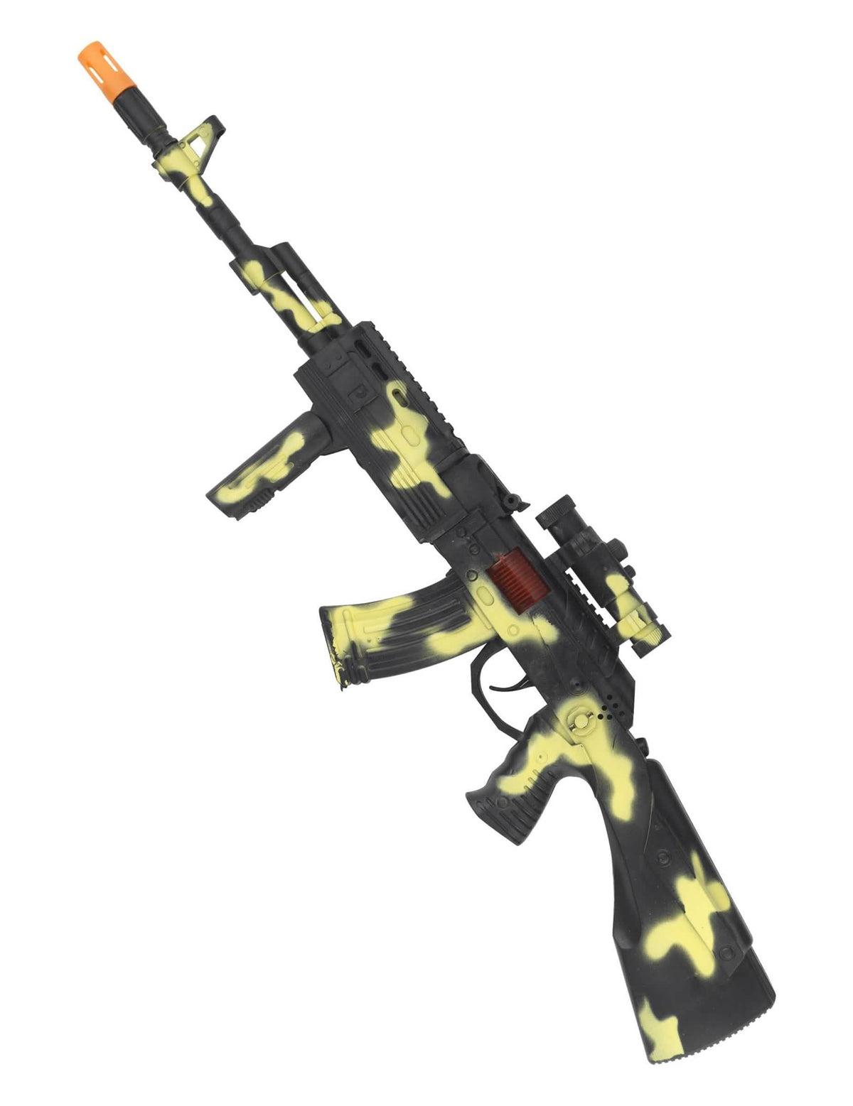 Ametralladora de plástico armada camuflaje negro y amarillo