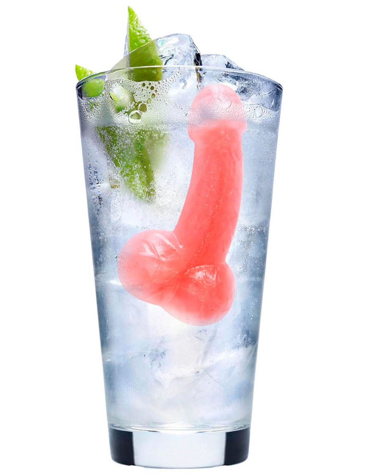 Cubito rosa en un vaso del molde para cubitos pene