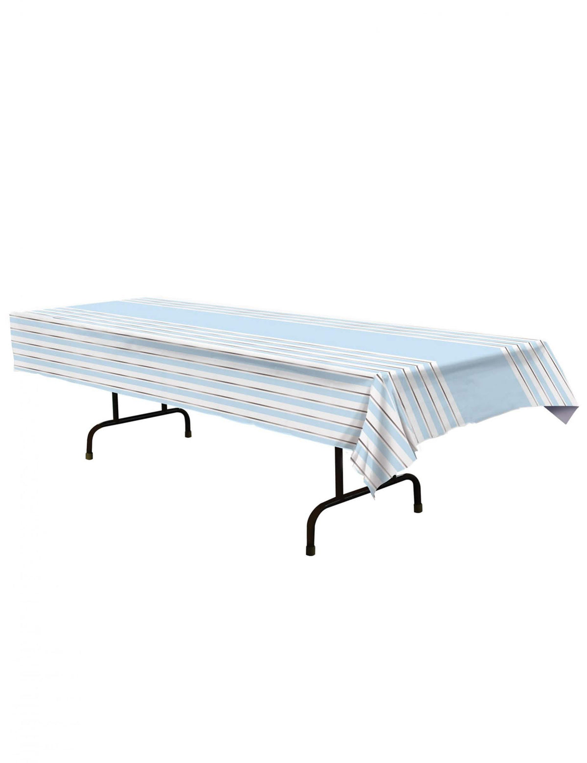Mantel de plástico a rayas azules, blancas y plateadas