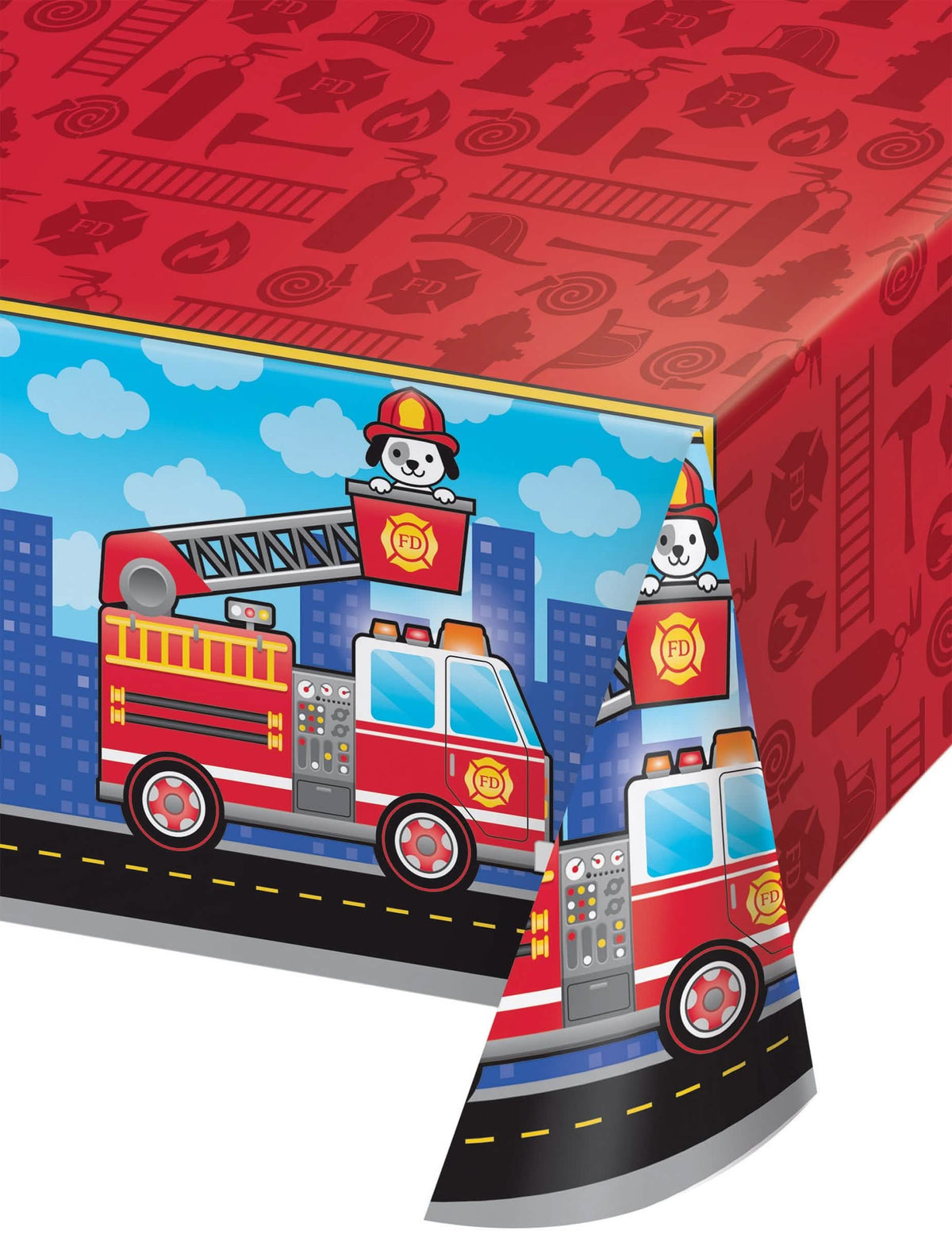 Mantel de plástico camión de bomberos para cumpleaños rojo con ilustración de camión y perro dálmata