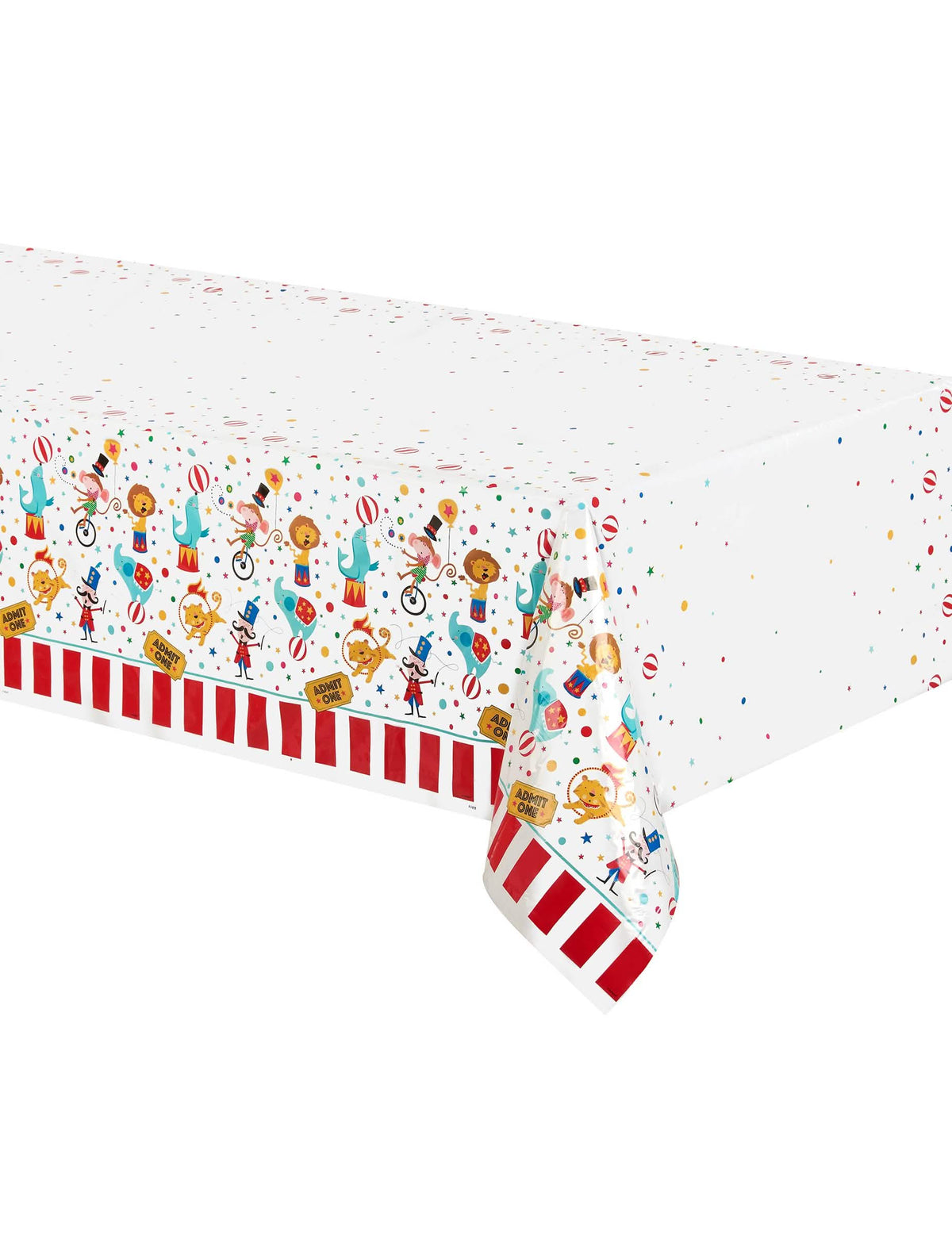 Nappe en plastique cirque pour fête blanche à motifs animaux et rayures rouges