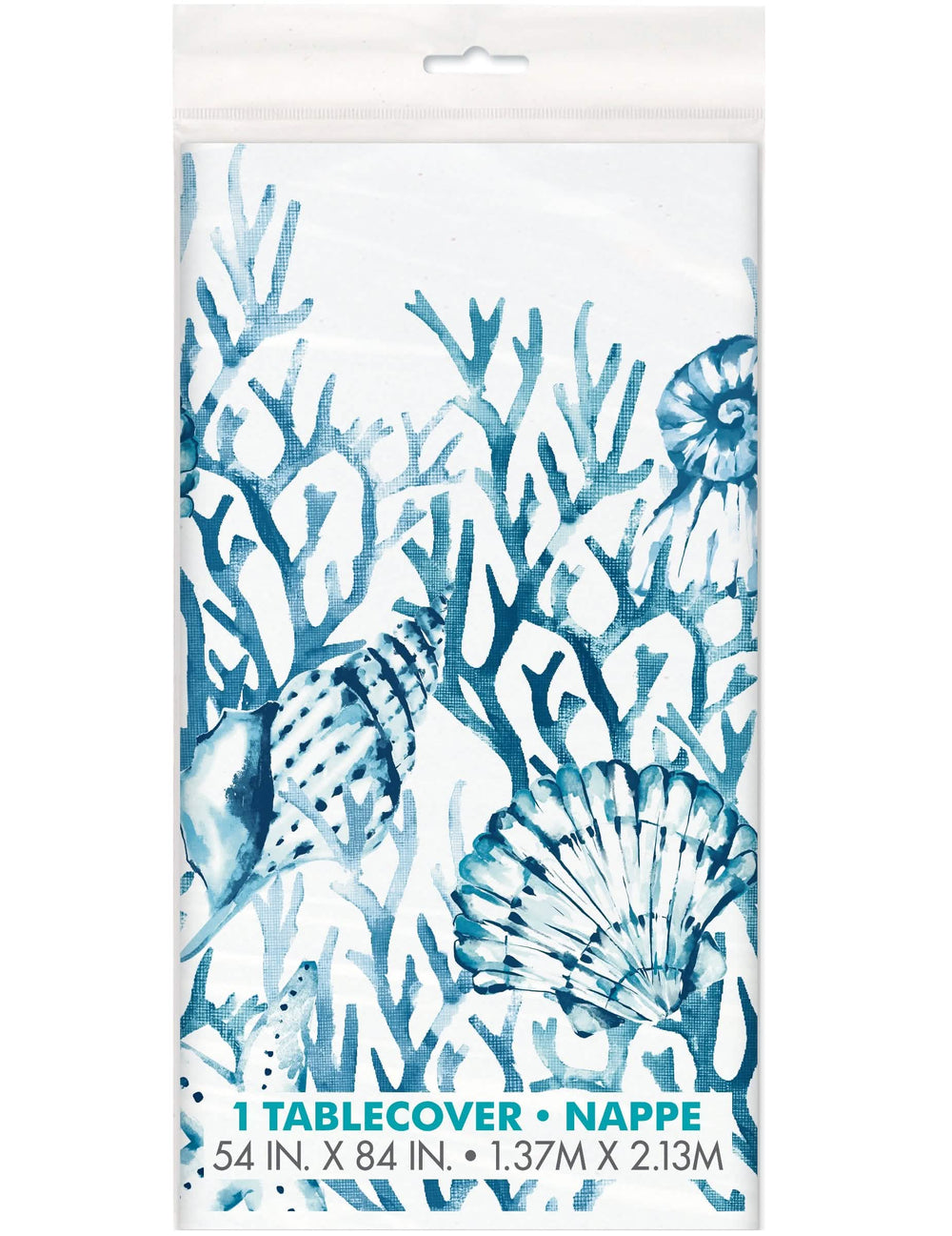 Nappe en plastique corail motif coquillages pour fête bleue et blanche