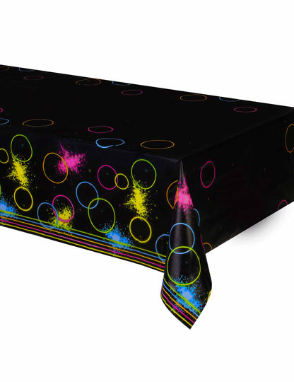 Nappe en plastique Glow Party noire avec motifs cercles et taches néon colorés