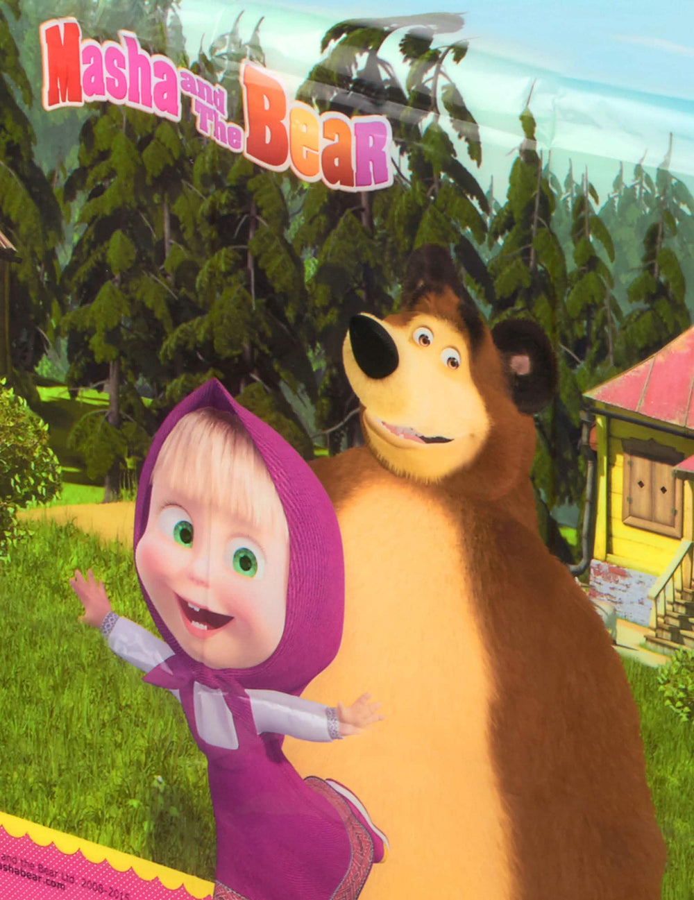 Primer plano del estampado con Masha y el Oso del mantel de plástico Masha y el Oso