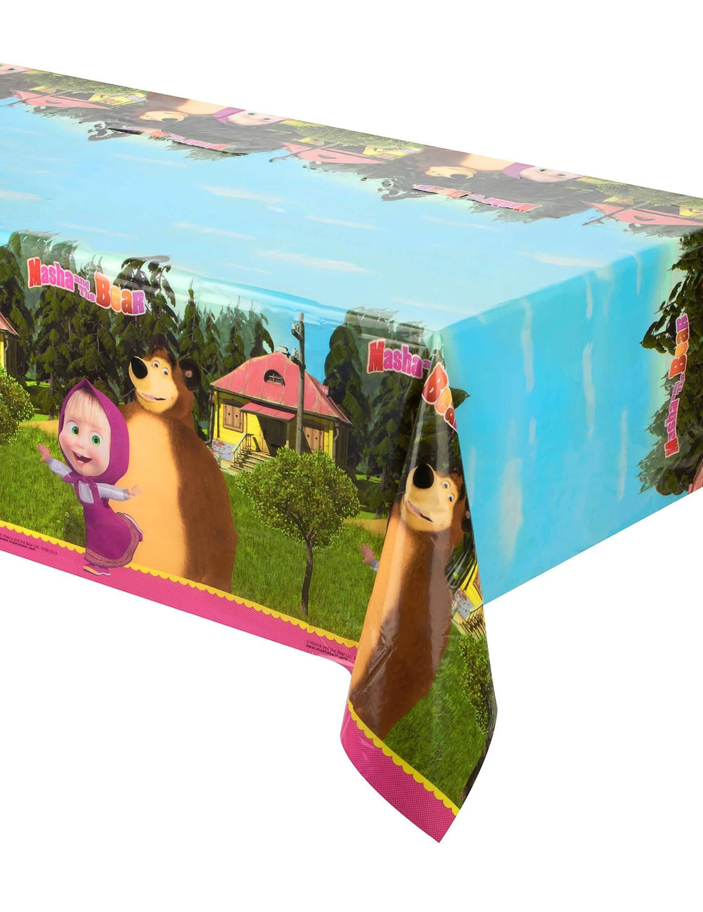 Mantel de plástico Masha y el Oso para niño azul y rosa con decoración de bosque