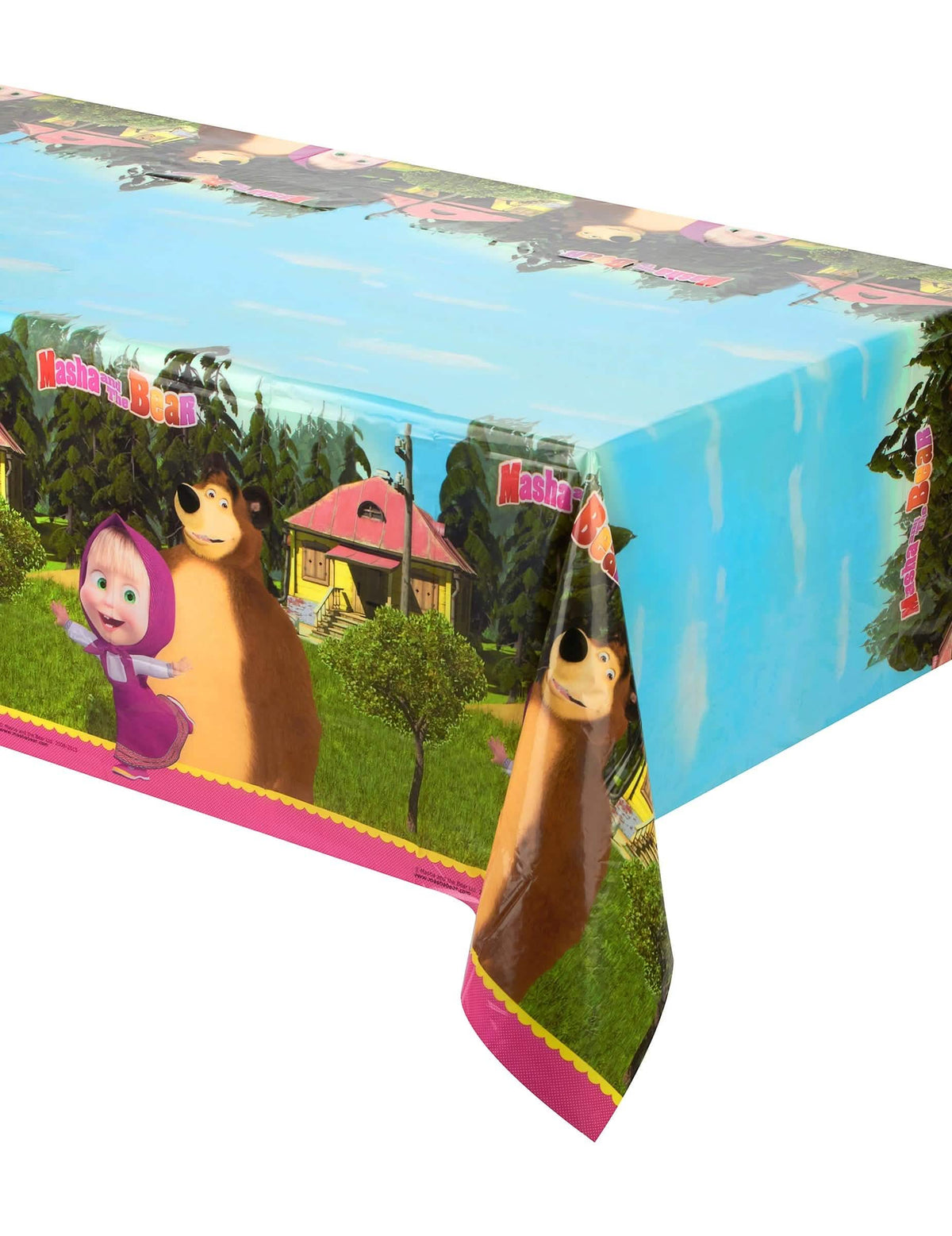 Mantel de plástico Masha y el Oso para niño azul y rosa con decoración de bosque