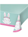 Nappe en plastique petit lapin pour anniversaire menthe avec fleurs roses