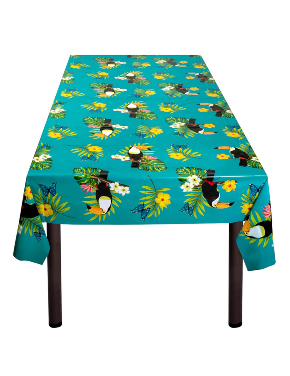 Mantel de plástico de tucán para fiesta turquesa con motivos tropicales y flores