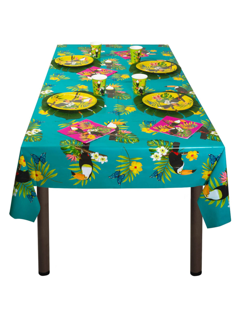 Ambientación sobre una mesa de fiesta del mantel de plástico tucán