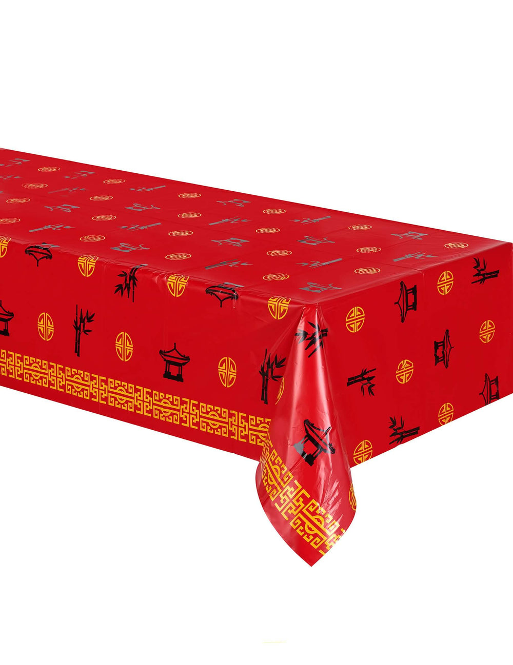 Mantel de plástico asia rojo con motivos dorados y negros