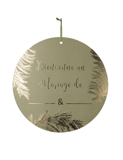 Pancarte en carton Bienvenue au mariage de pour mariage kaki et dorure or à personnaliser