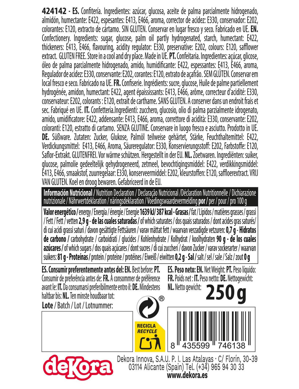 Informations nutritionnelles et ingrédients de la pâte à sucre sans gluten rouge prête à l'emploi