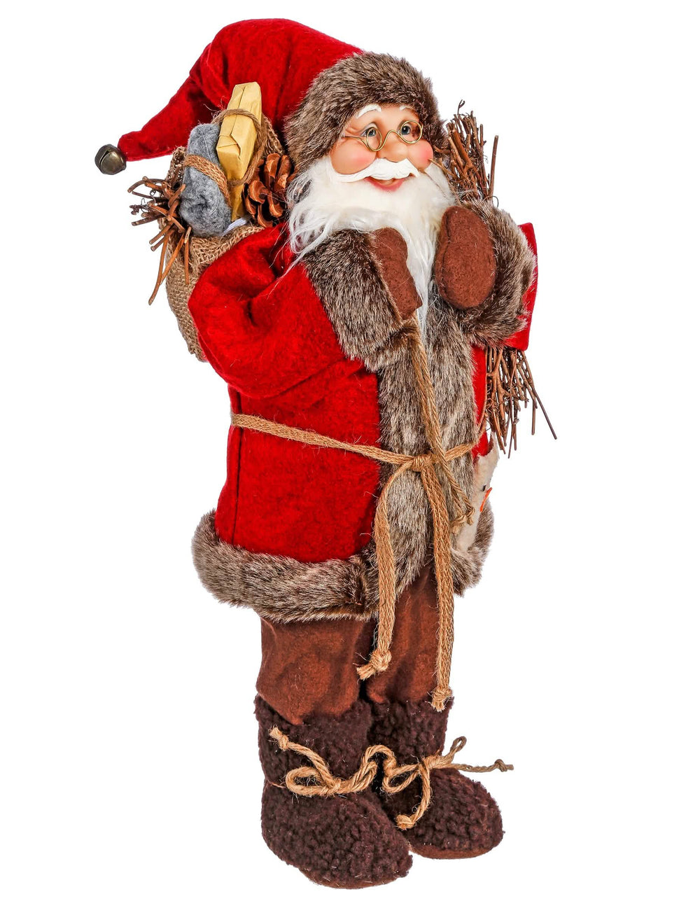 Père Noël debout pour décoration rouge avec hotte et manteau bordé de fourrure