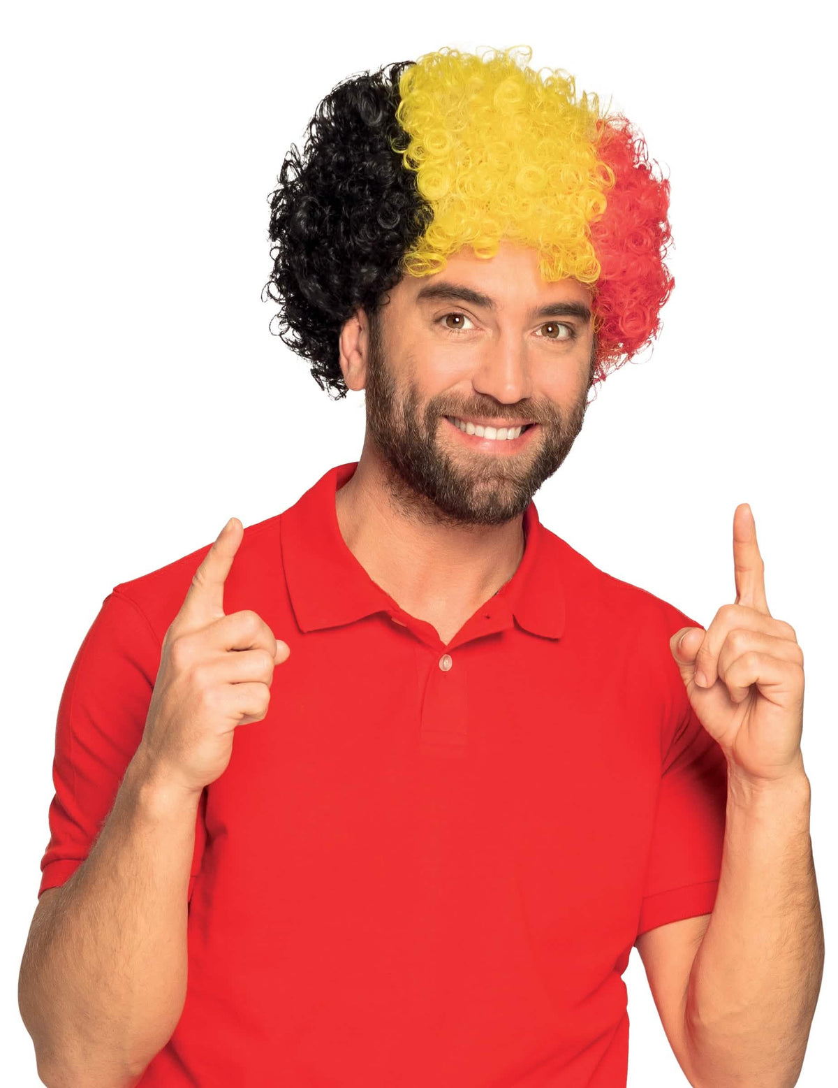 Peluca afro aficionados bélgica para adulto negro amarillo y rojo