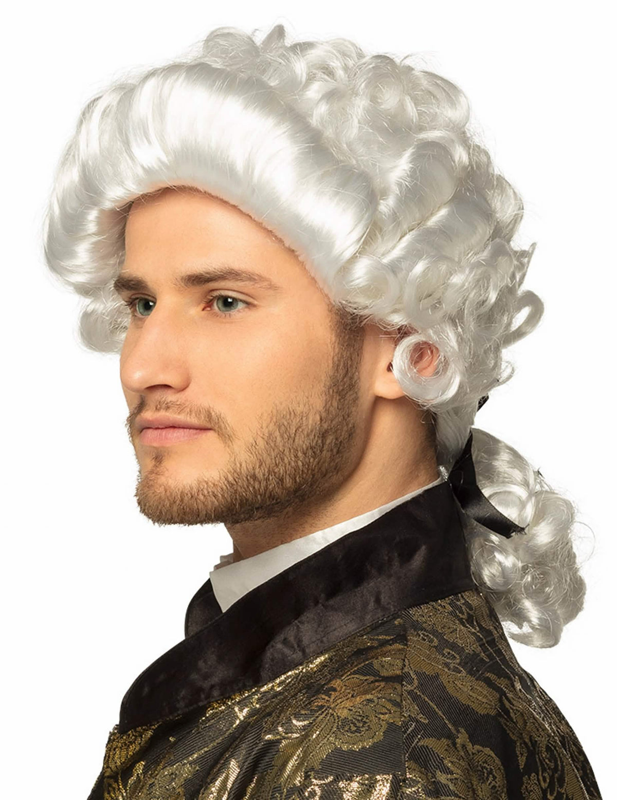 Peluca barroca para hombre blanca con rizos y cola de caballo